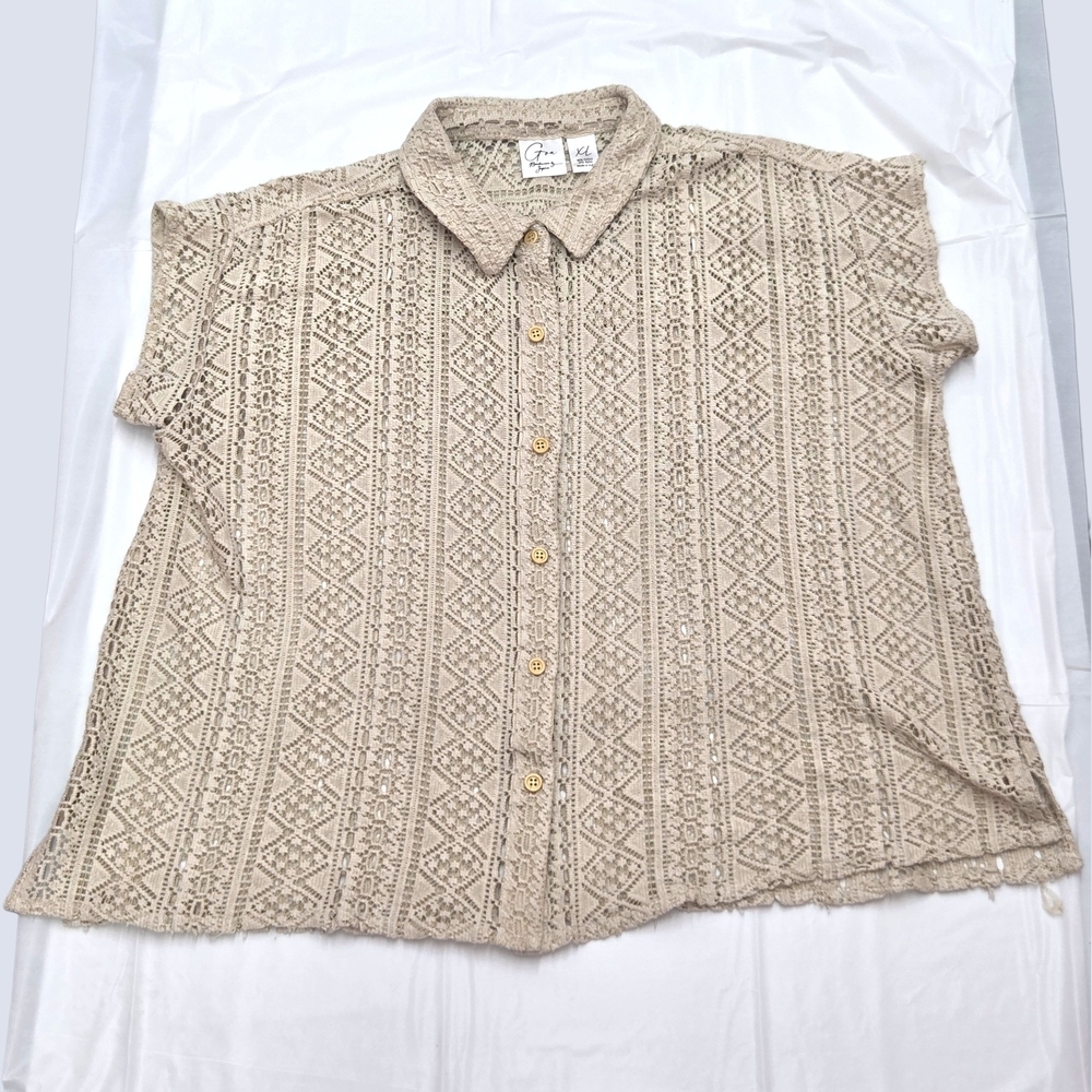 Goa Beachwear By Japna Tan Crocheted Lace Short Sleeve Button Up Coverup Top XL